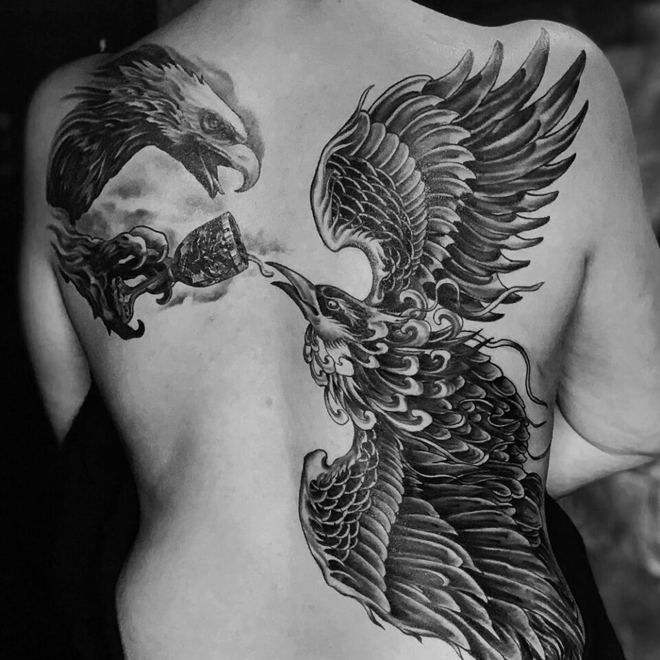 Eagle with a Phoenix Tattoo Source @ovidiu.inkstorm via Instagram