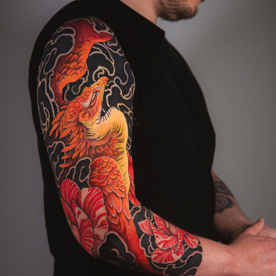 Floral Phoenix tattoo sourced via IG @kromatique