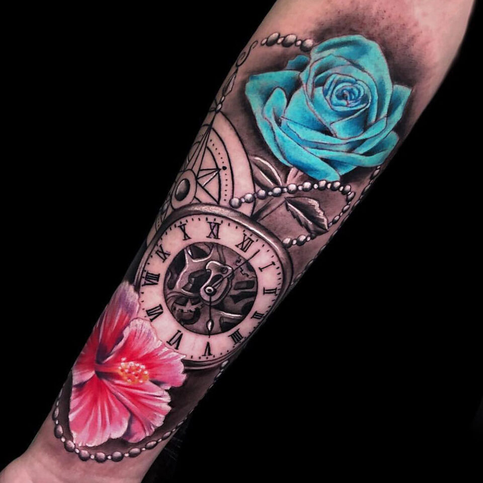 Floral clock tattoo sourced via IG @nanutattoo