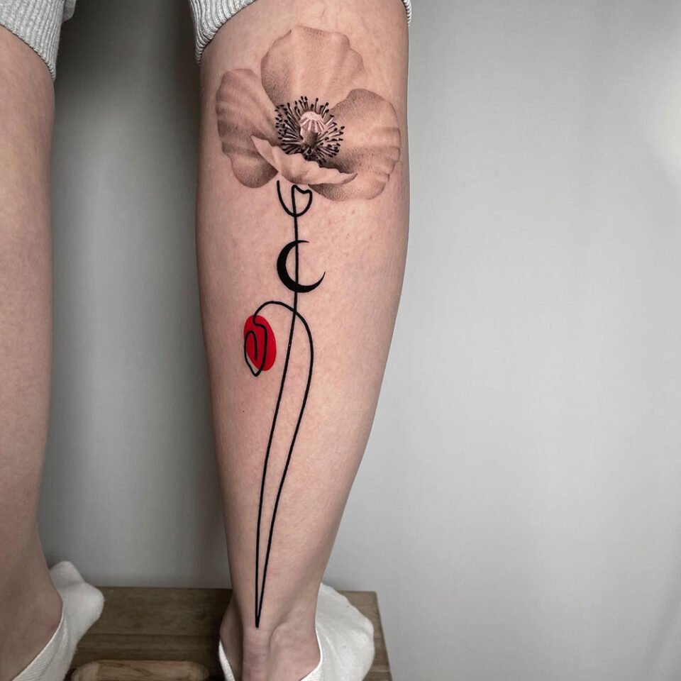 Flower Outline Single Line Tattoo Source @miyo.tattoo via Instagram