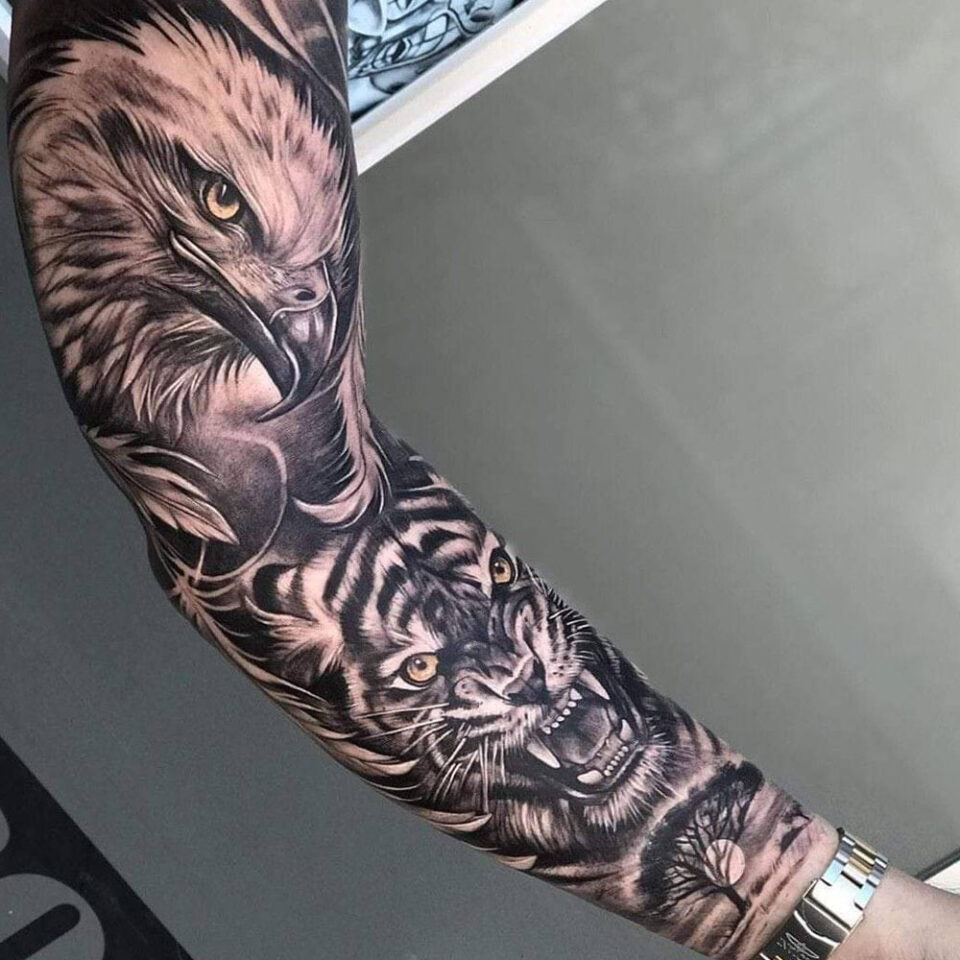 Full Sleeve Eagle tattoo with Details Source LINK Tattoo SHOP via Facebook
