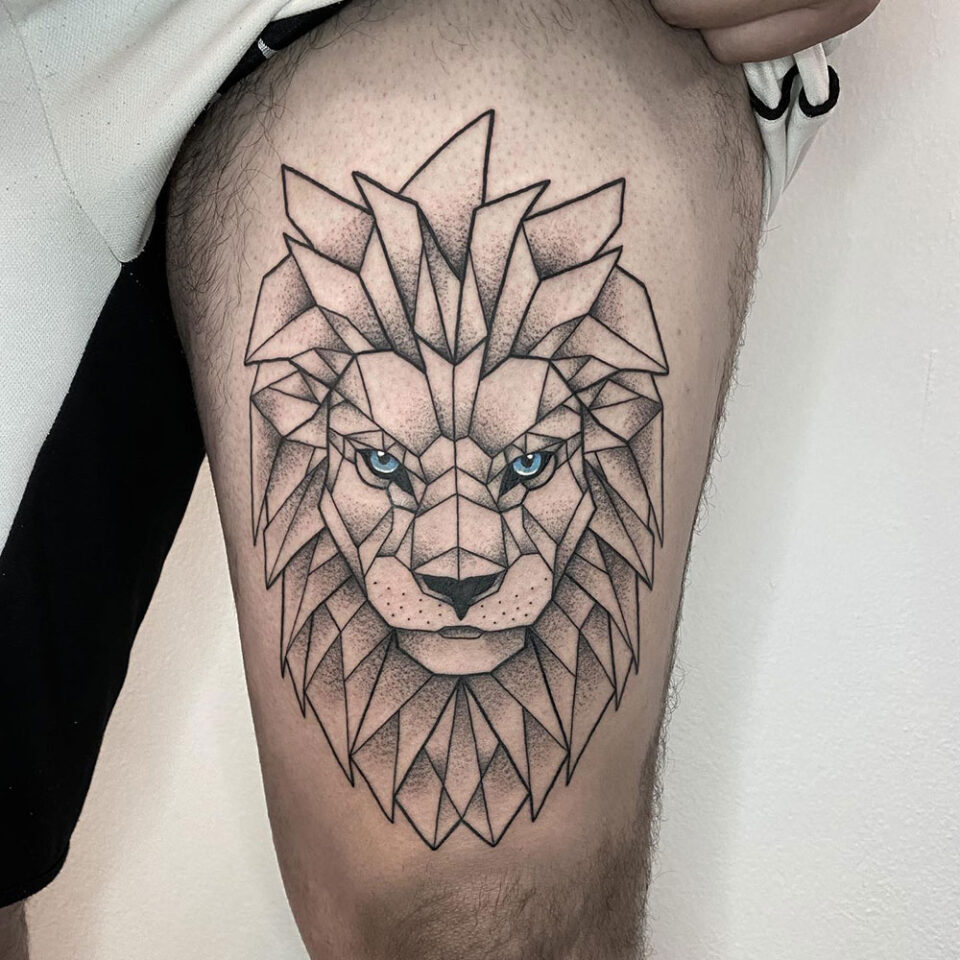Geometric Lion Single Line Tattoo Source @asta_simone_tattoo via Instagram