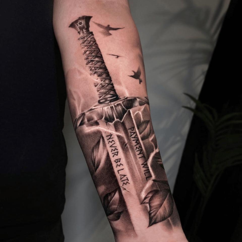 Small Dotwork Dagger Tattoo on forearm by Ben Licata: TattooNOW