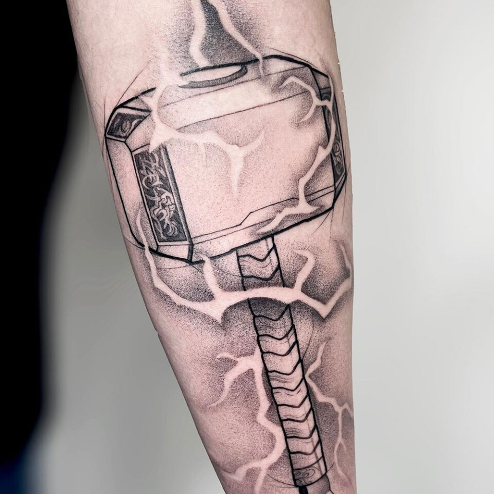 Hammer of Thor Single Line Tattoo Source @feralchildtattoo via Instagram