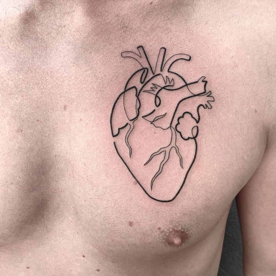 Heart Outline Single Line Tattoo Source @miyo.tattoo via Instagram