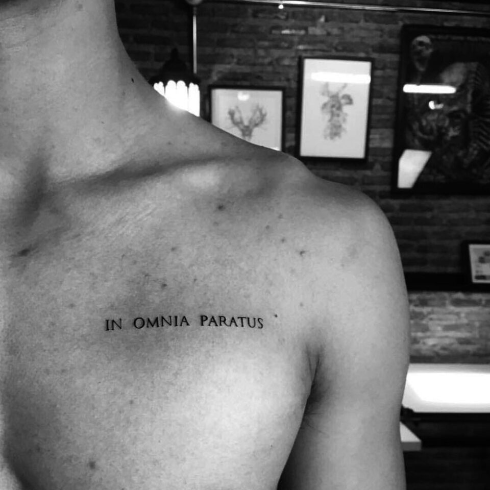 In Omnia Paratus Single Line Tattoo Source @rattle_tattoo via Instagram