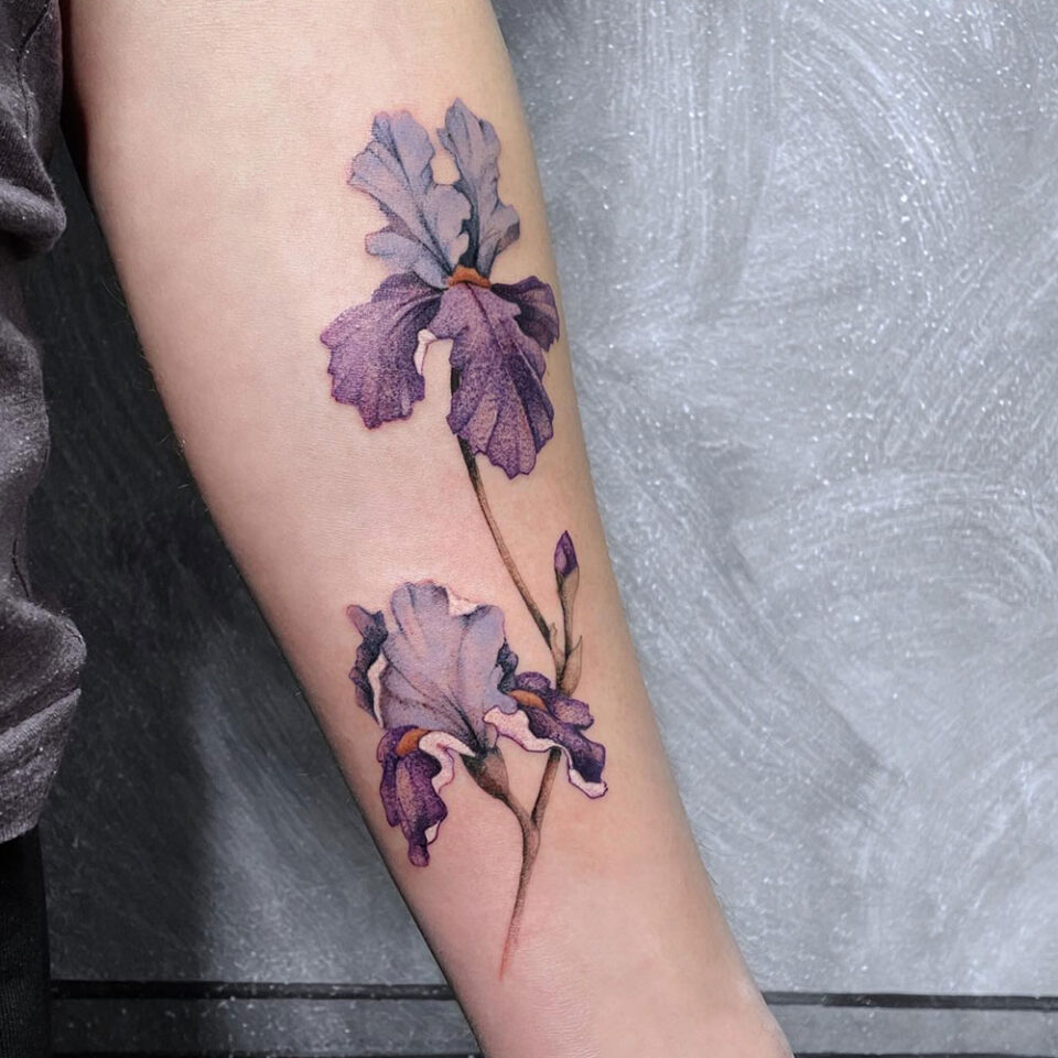 Iris floral tattoo sourced via IG @electricdormouse