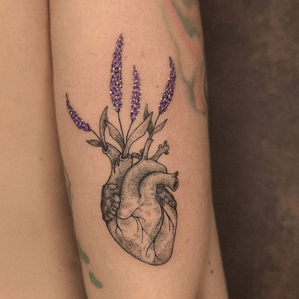 Lavender floral tattoo sourced via IG @cecilia_artworks