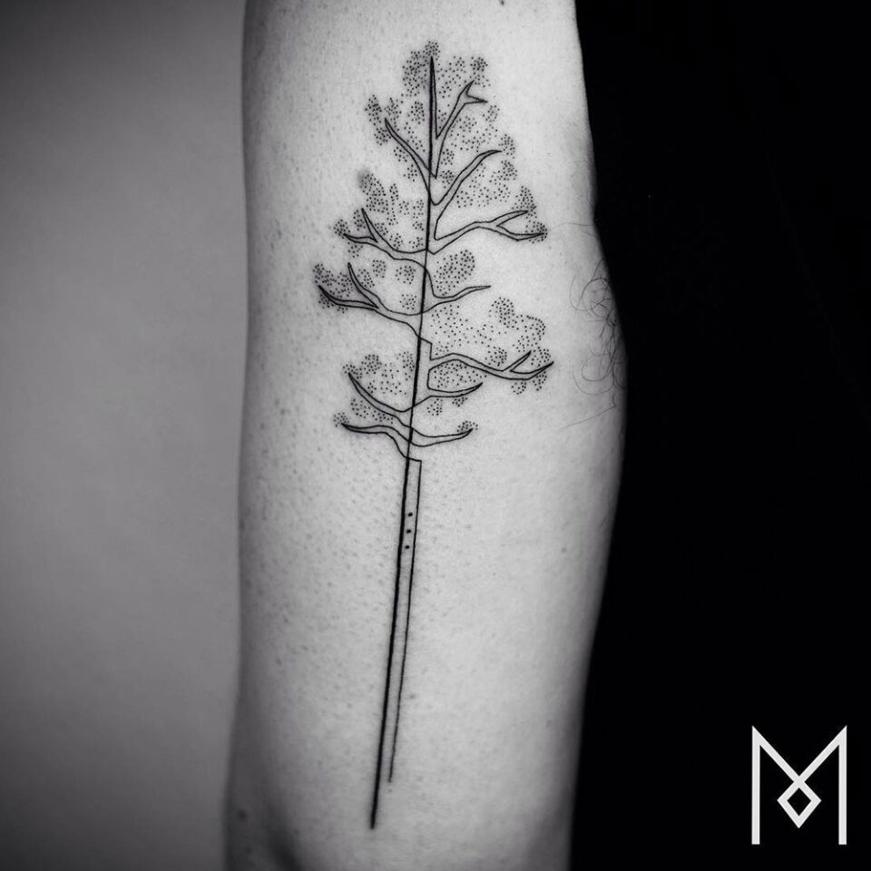 Minimalist Tree Single Line Tattoo Source @moganji via Instagram