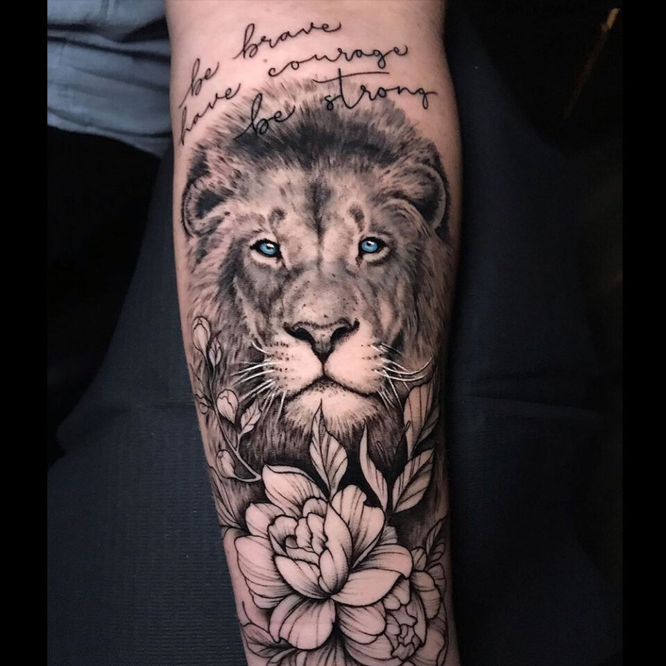 Peony and lion floral tattoo sourced via IG @joecasalart