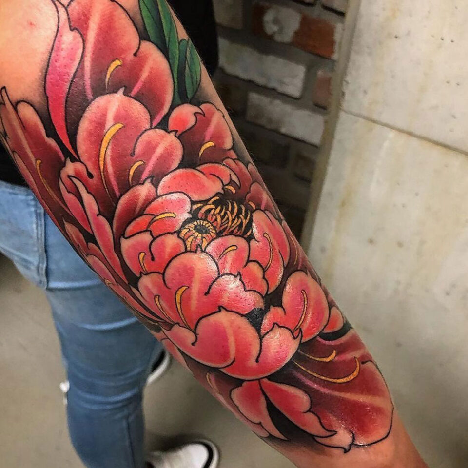 Peony floral tattoo sourced via IG @michael_ilbacco_tattoo