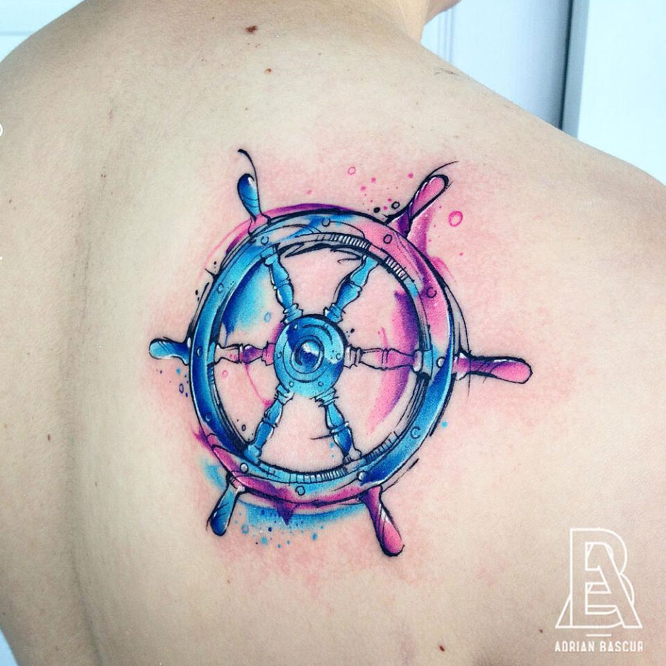 Ship Wheel Single Line Tattoo Source @adrianbascur via Instagram