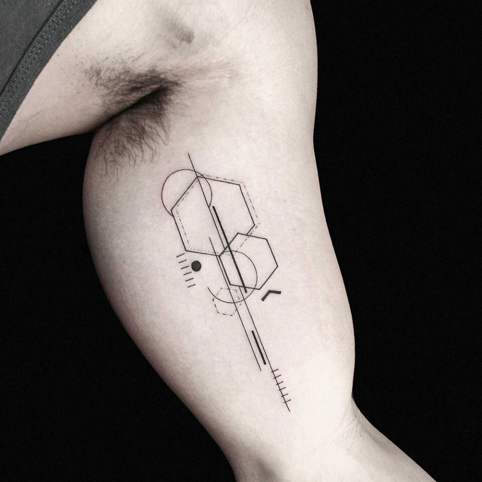 Simple Geometric Shapes Single Line Tattoo Source @okanuckun via Instagram