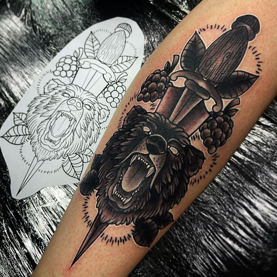 Sword and Bear Tattoo Source @rossyp90 via Instagram