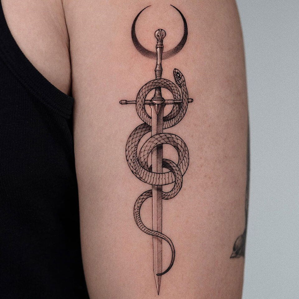 Sword and moon tattoo Source @uncogrim via Instagram