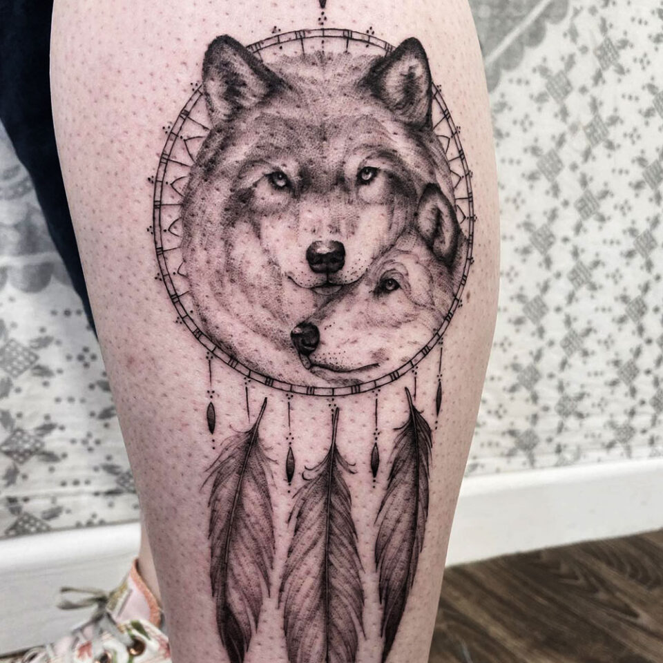 Wolf and Dreamcatcher Tattoo Source @blackbirdlymington via Instagram