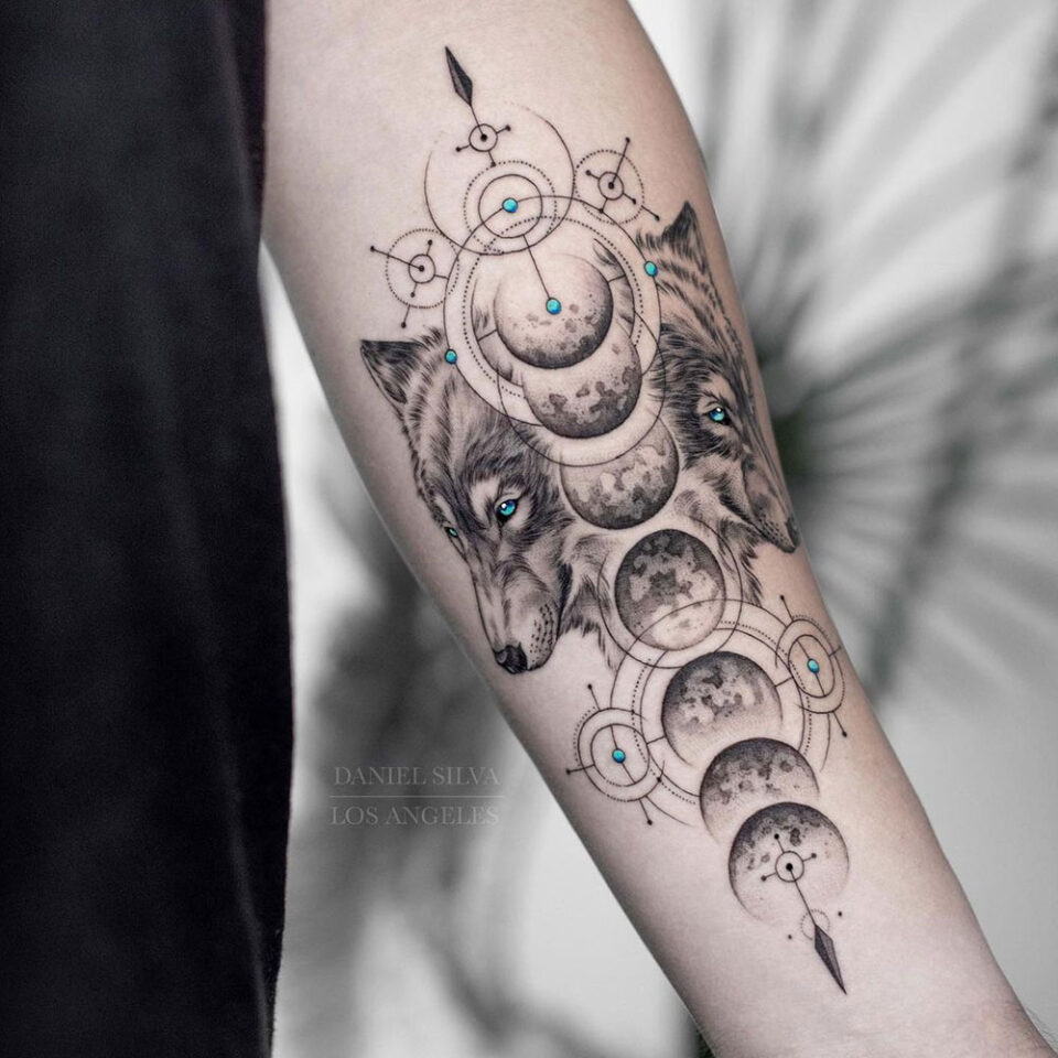 Wolf and moon phases tattoo Source @danielsilva via Instagram
