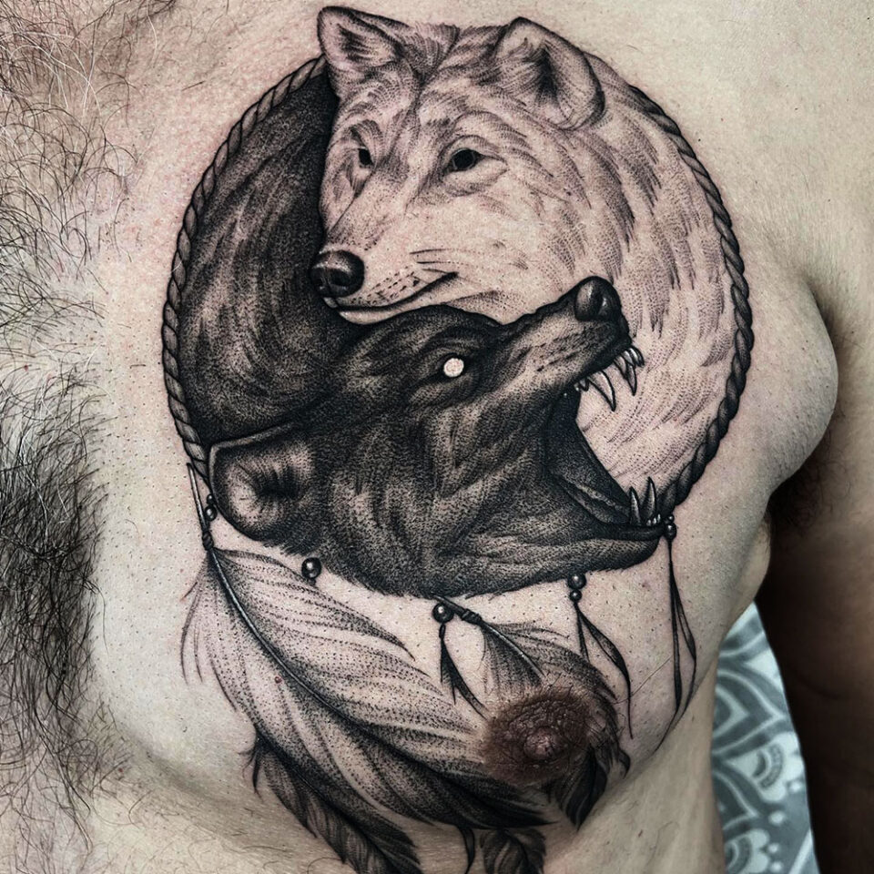 Yin yang Wolves Tattoo Source @blackbirdlymington via Instagram