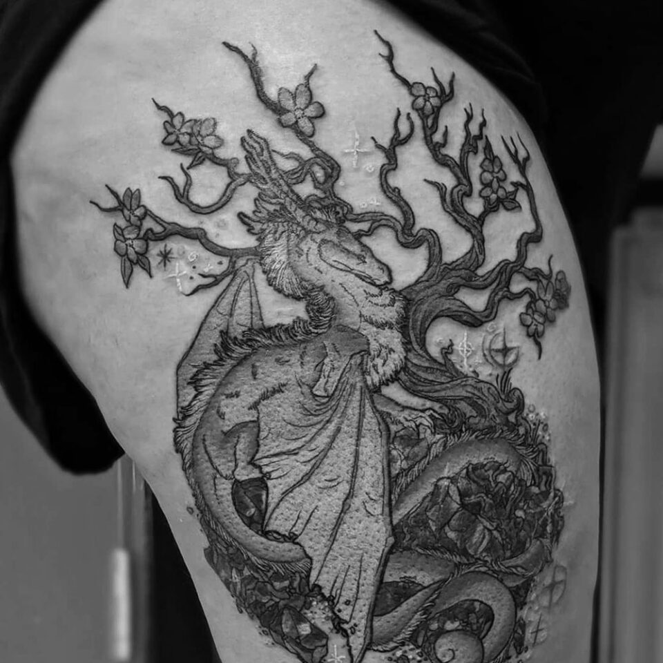 dragon and branches tattoo source @BlackDahliaInktattoos via Facebook
