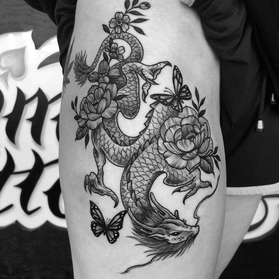 dragon and butterfly tattoo source @maximumtattoostudio via Instagram