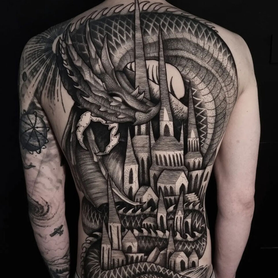 dragon and caste tattoo source @vorganort via Instagram