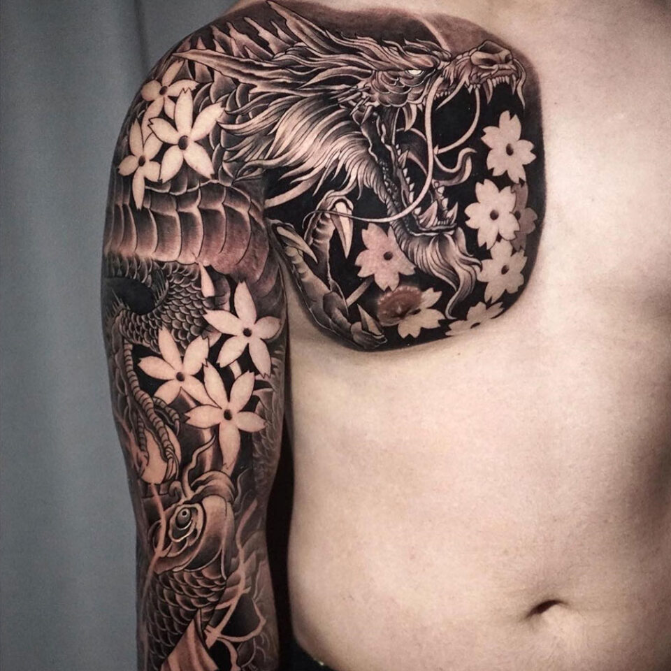 dragon and cherry blossom tattoo source @flashink.bali via Instagram