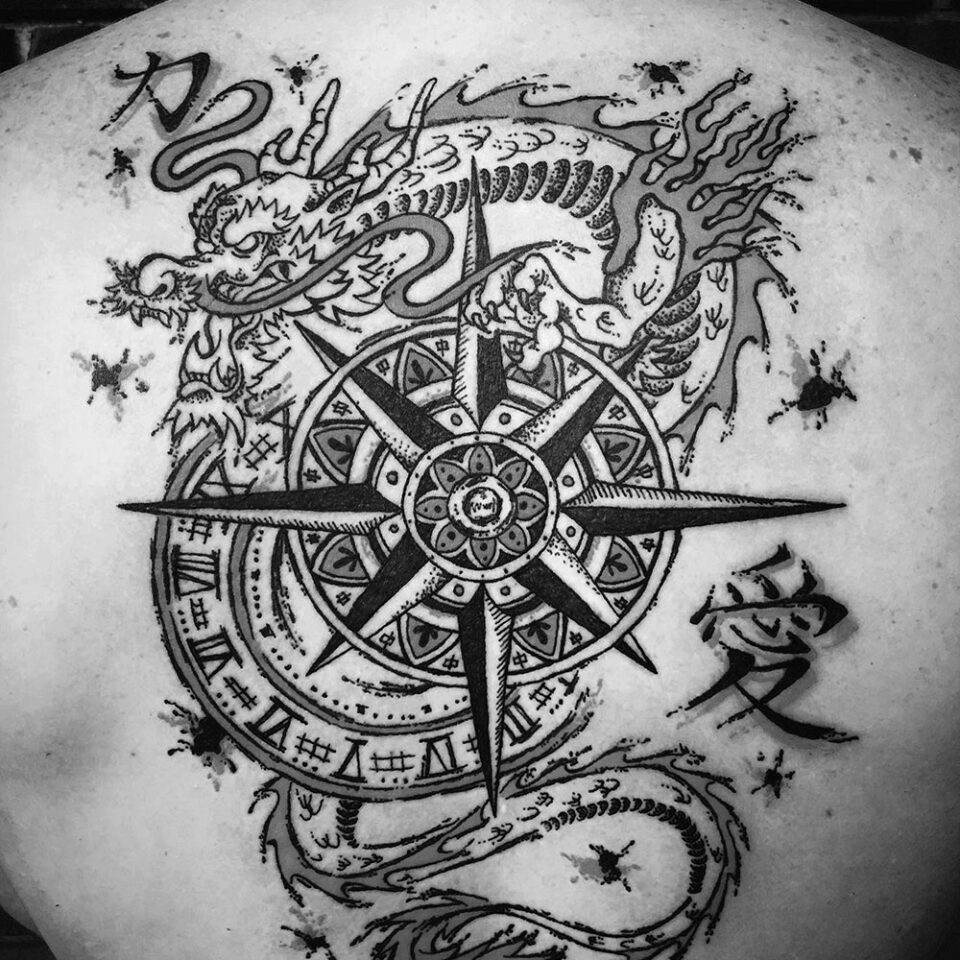 dragon and compass tattoo source @ashleewilson3301 via Instagram