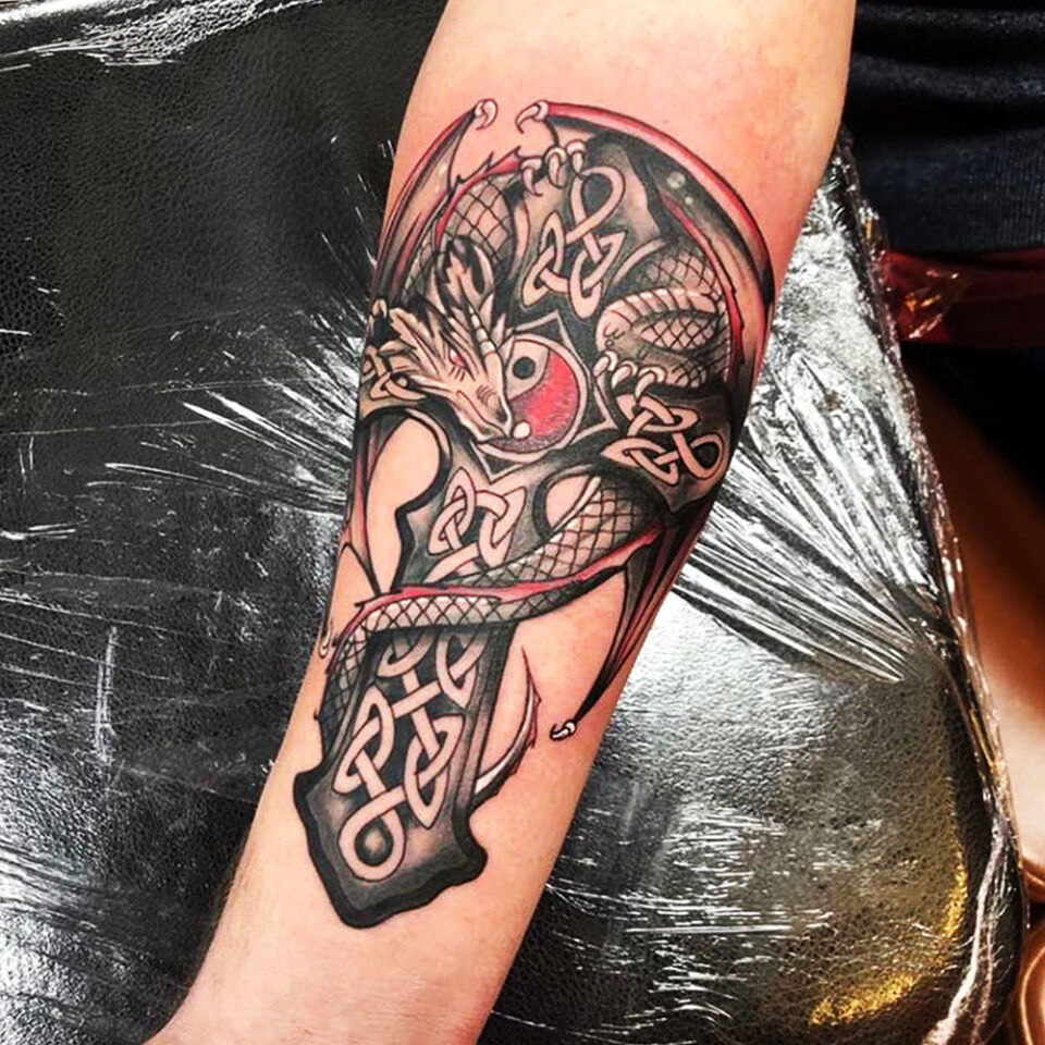 dragon and cross tattoo source @negativearttattoo via Instagram