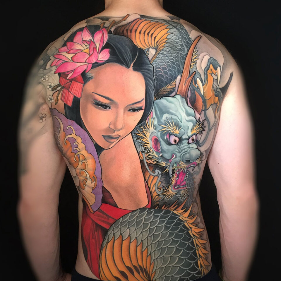 dragon and geisha tattoo source @henriktattoo via Instagram