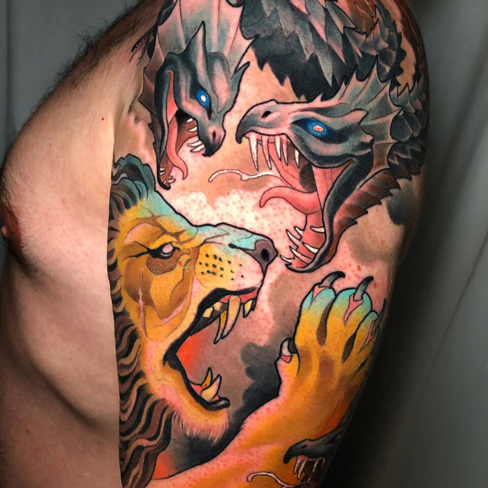 dragon and lion tattoo source @mattbrumelow via Instagram