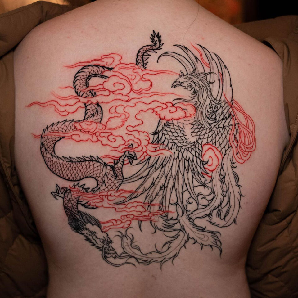 dragon and phoenix tattoo source @thermalinktattoo via Instagram