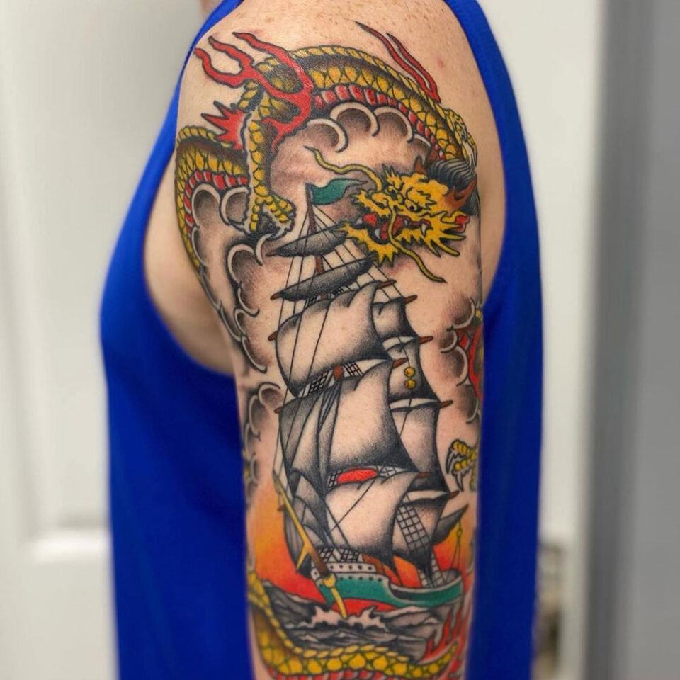 dragon and ship tattoo source @808tattoohawaii via Instagram