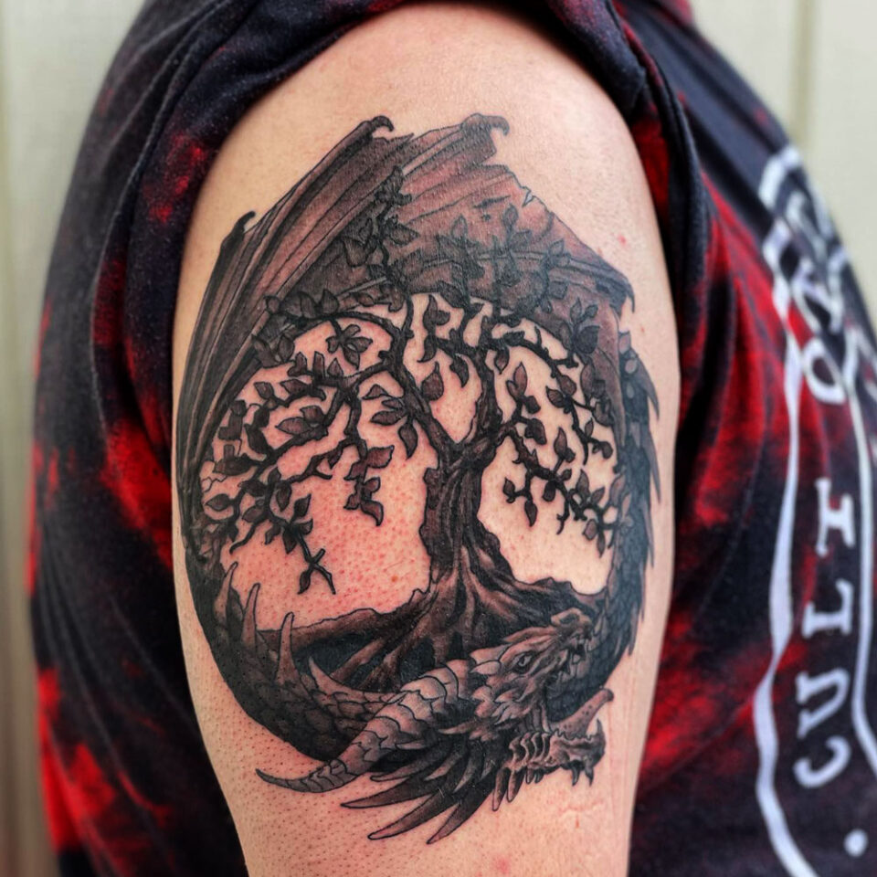 dragon and tree tattoo source @funhousetattoo via Instagram