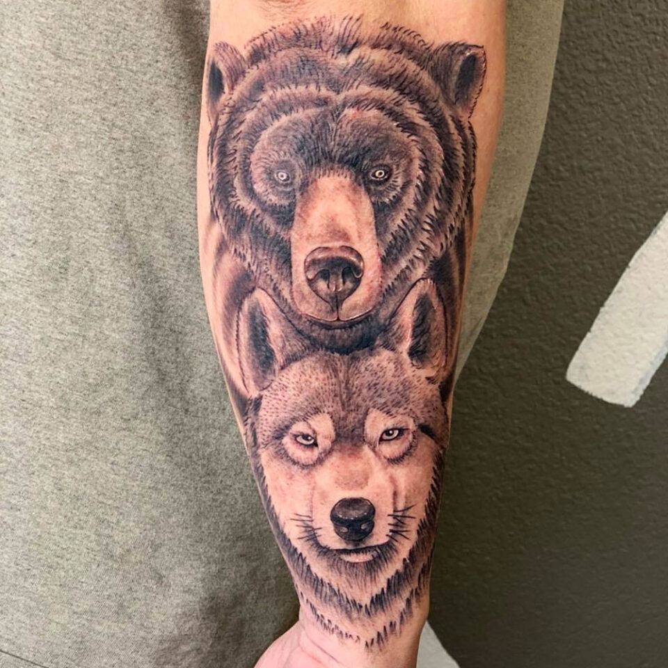 wolf and bear tattoo Source @stuttertattoo via Instagram