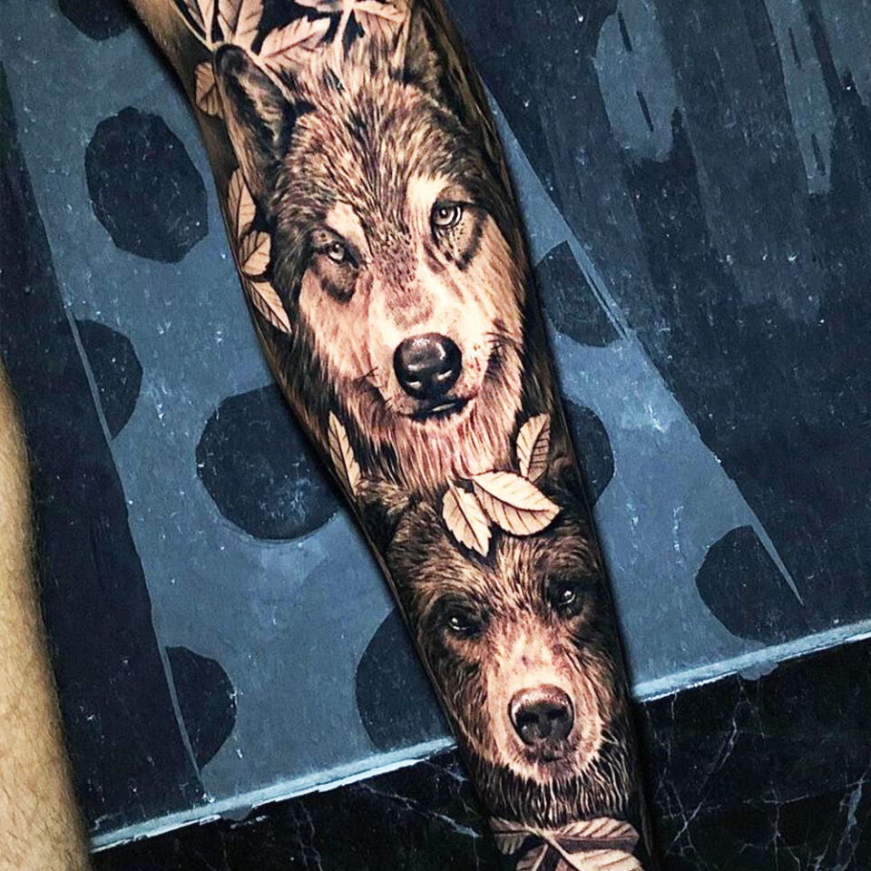 wolf and bear tattoo Source @flashink.bali via Instagram
