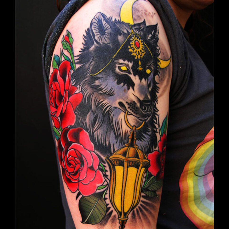 wolf and lanter tattoo Source @adamskytattoos via Instagram