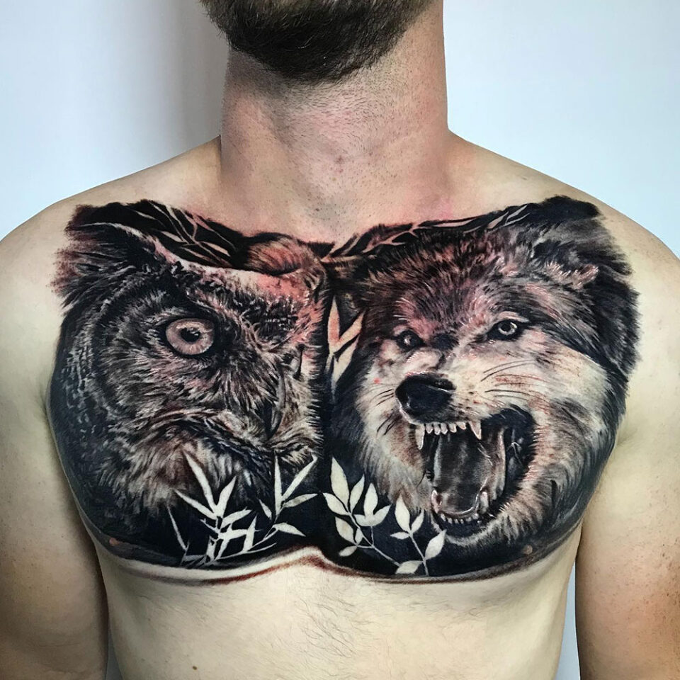 wolf and owl tattoo Source @juanpaoloocampo via Instagram