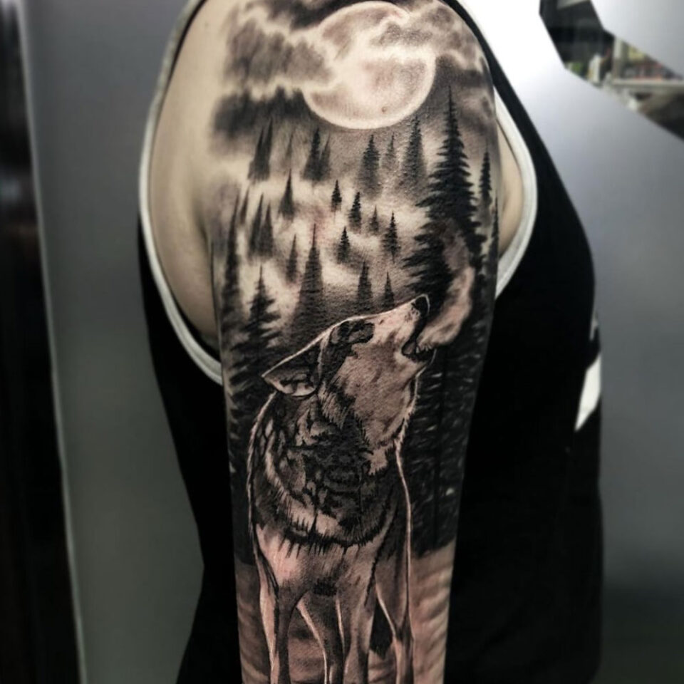wolf in the night sky tattoo Source certifiedtattoostudios via Instagram