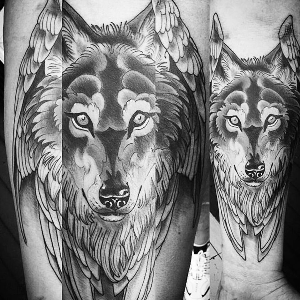 wolf with wings tattoo Source @remingtontattoo via Instagram