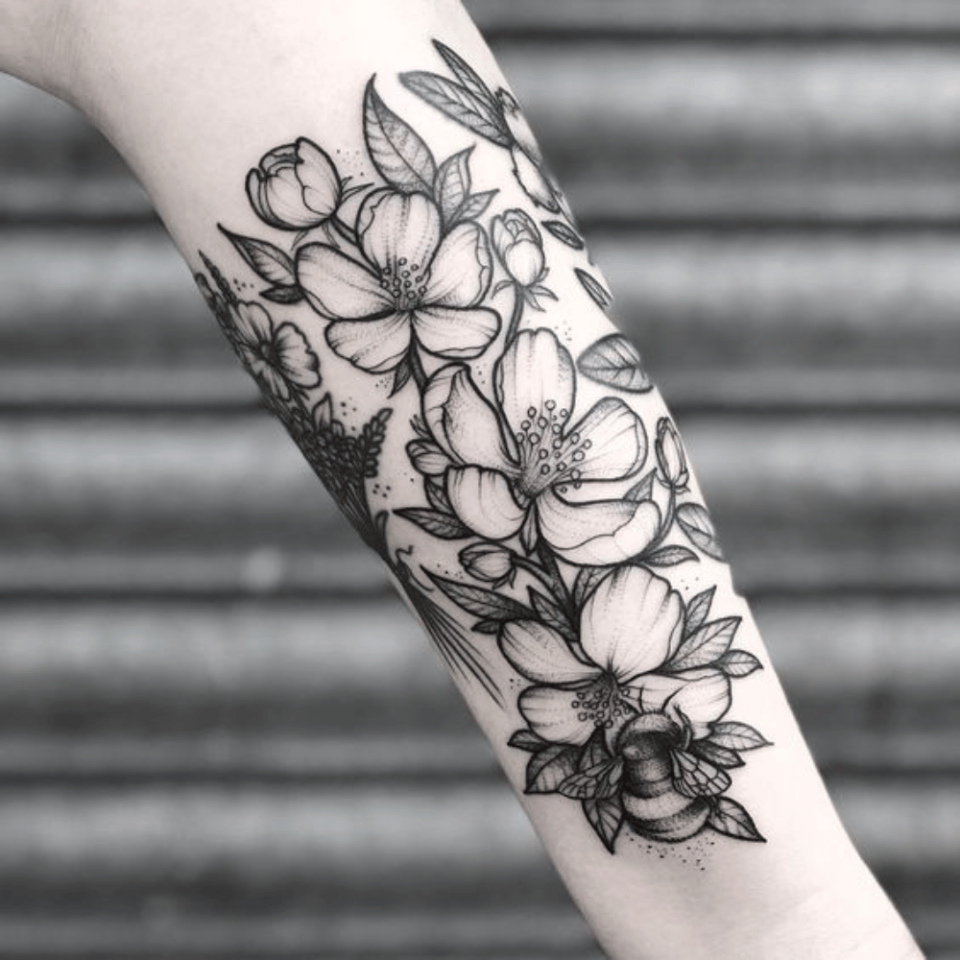 Apple Blossom Bee Tattoo Source_ @lozzybonestattoo