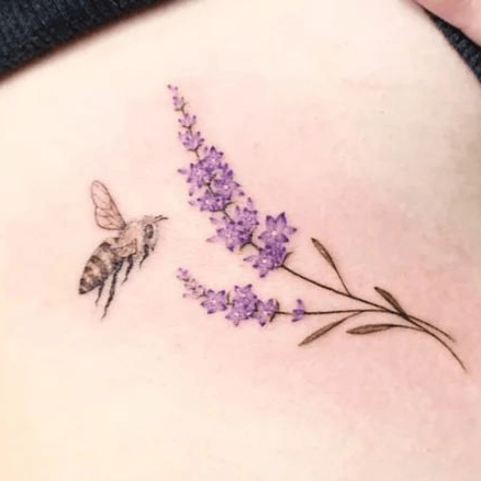Bee With Lavender Sprigs Tattoo Source @jingstattoo via Instagram