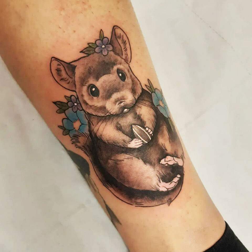 Fonte de tatuagem de chinchila comendo uma noz para animais de estimação @zoenevermind via Instagram