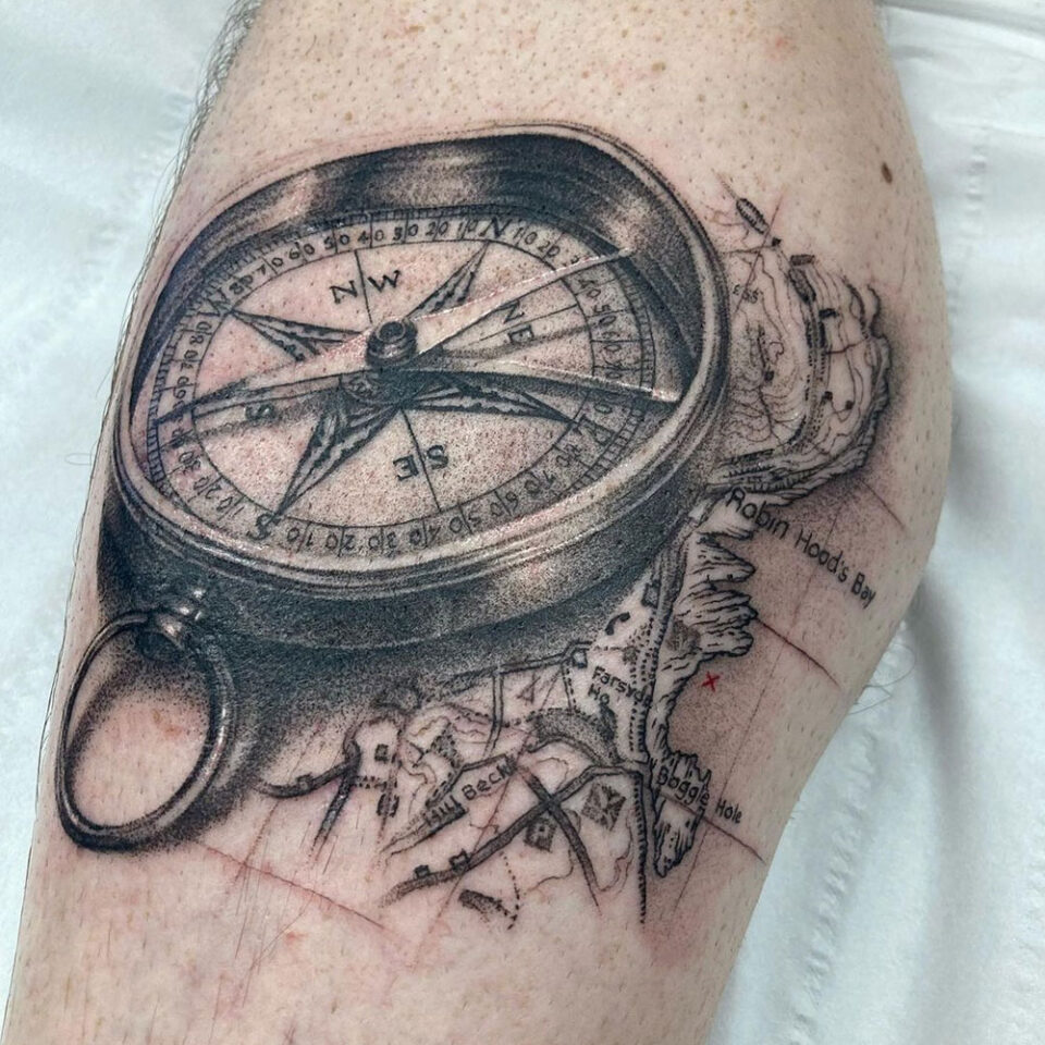 Compass on Parchment Skin Tattoo Source @reverentiatattoo via Instagram