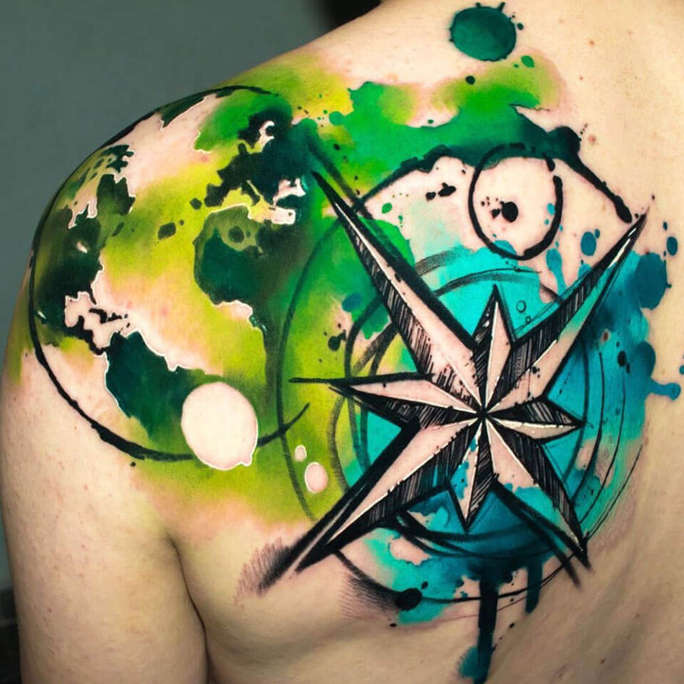 Compass with Aurora Borealis Tattoo Source @uncl_paul_knows_upk via Instagram
