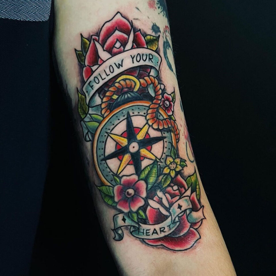 Compass with Quote Ribbon Tattoo Source @lala_inkolor via Instagram