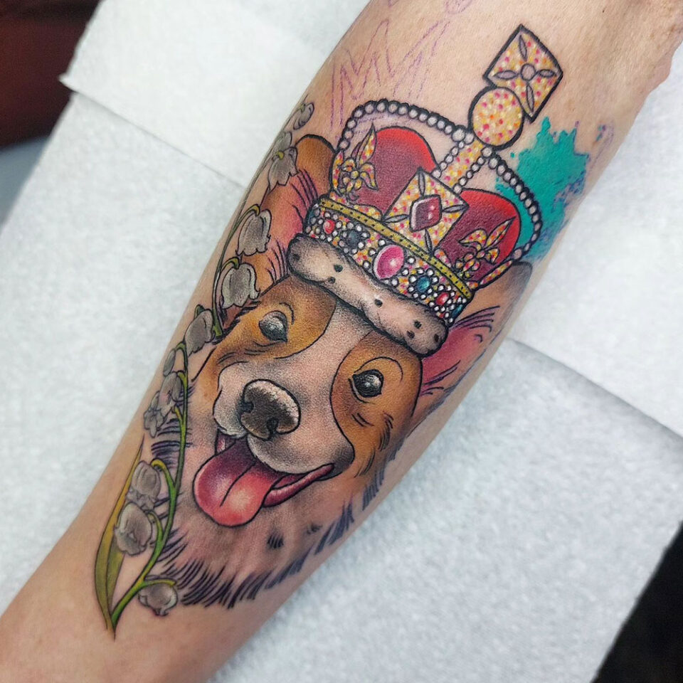 Corgi with a Crown Pet Tattoo Source @sarahloutattoo via Instagram