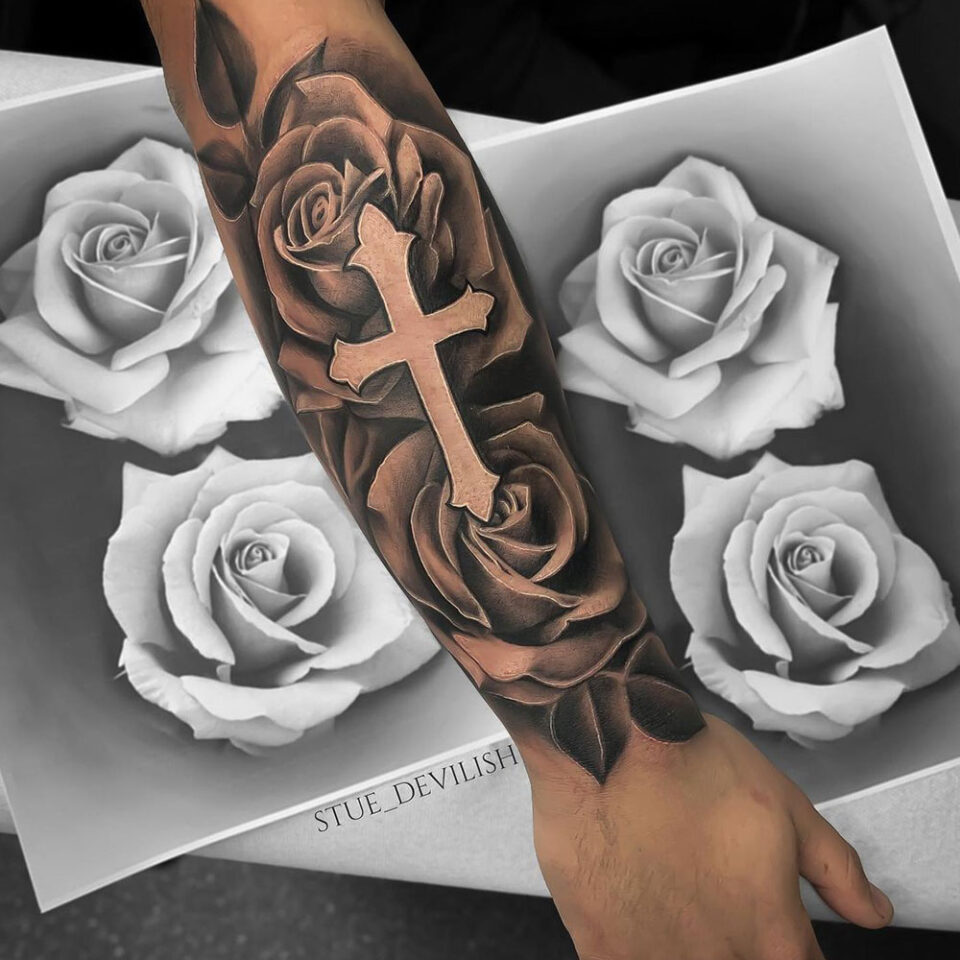 Cross with Roses Religious Tattoo