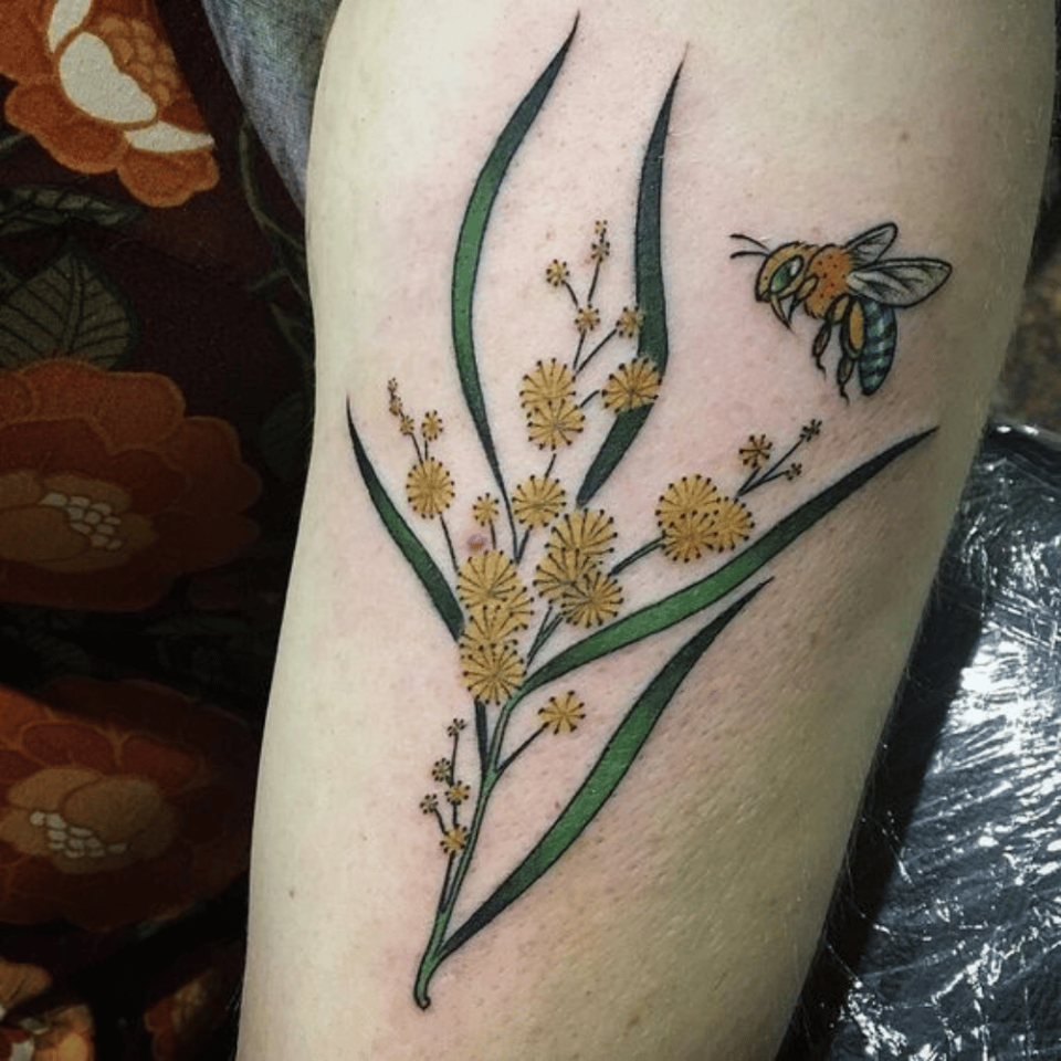 Eucalyptus Leaves and Bee Tattoo Source @@jadelomaxart via Instagram