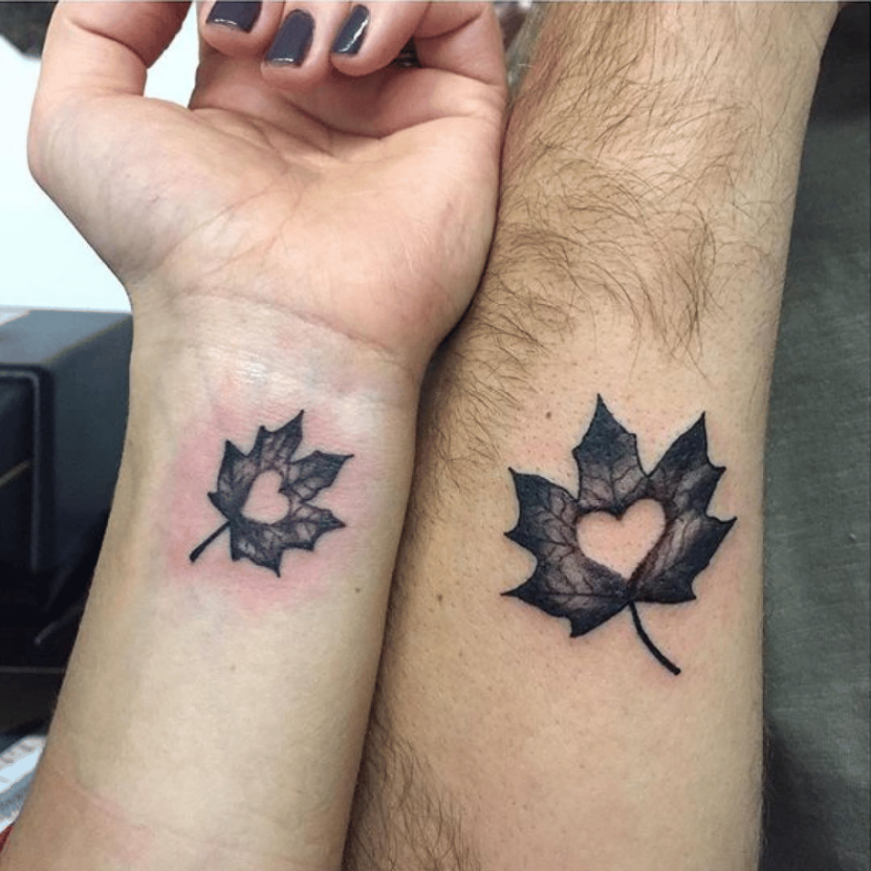 Falling Leaf Matching Tattoo Source @blackcatperkasie via Instagram