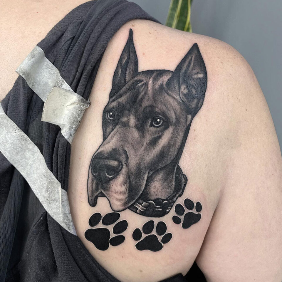 Fonte de tatuagem de animal de estimação Dogue Alemão @rachelsmithtattoo via Instagram